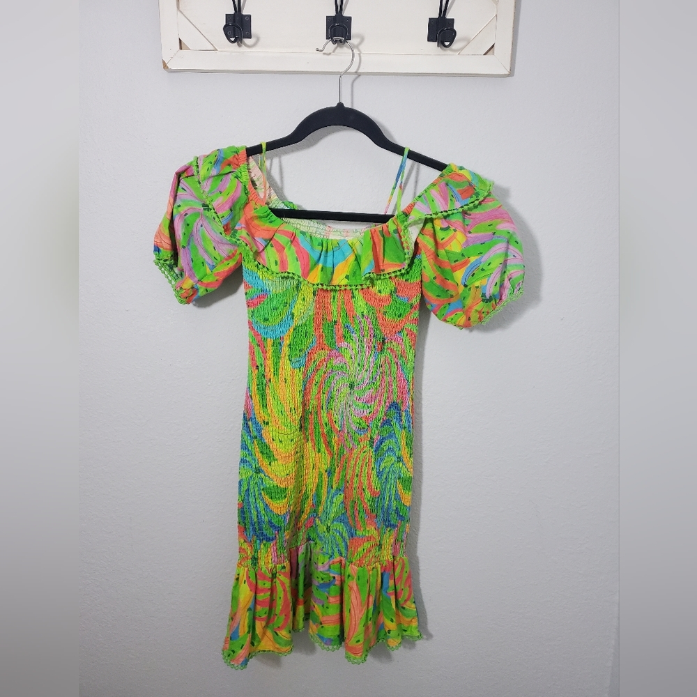 FARM Rio neon banana print smocked dress